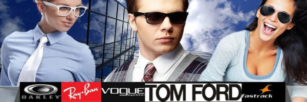 Promotional banner featuring three people wearing sunglasses with brand logos at the bottom.